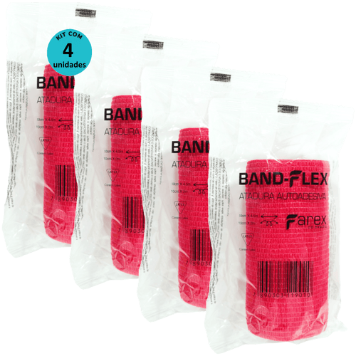 Atadura 10cm Vermelha Band-Flex Autoadesiva Para Animais Farex Kit Com 4